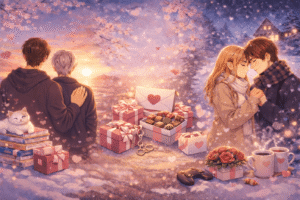 Ilustração em estilo anime com casais românticos em um cenário aconchegante de inverno, representando animes de romance com clima acolhedor e emocional.