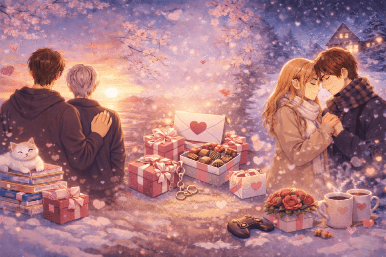 Ilustração em estilo anime com casais românticos em um cenário aconchegante de inverno, representando animes de romance com clima acolhedor e emocional.