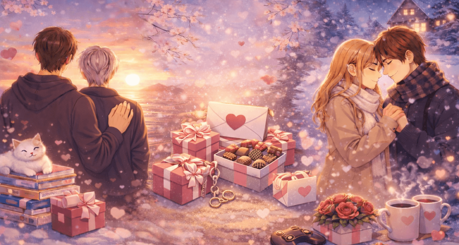Ilustração em estilo anime com casais românticos em um cenário aconchegante de inverno, representando animes de romance com clima acolhedor e emocional.