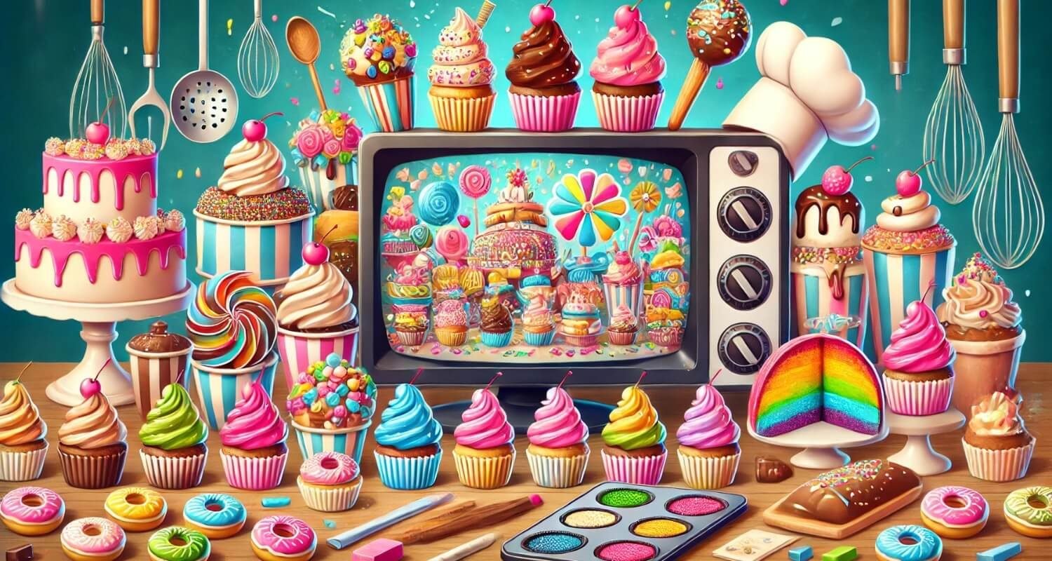 Imagem de vários doces e uma televisão no centro para simbolizar os reality shows de confeitaria.